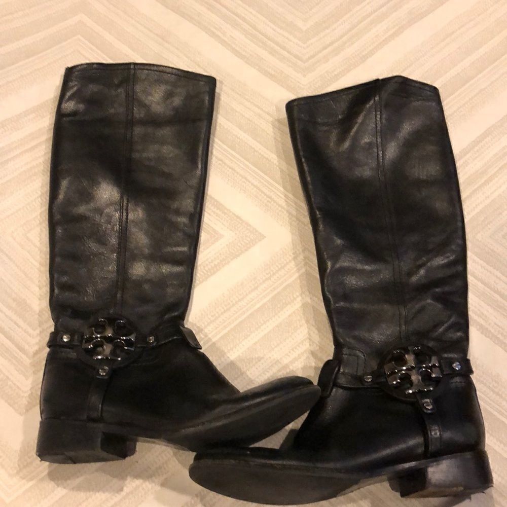 Tory Burch Aaden Black Leather Riding Boots Size 6 Silver Logo Tall Knee High
